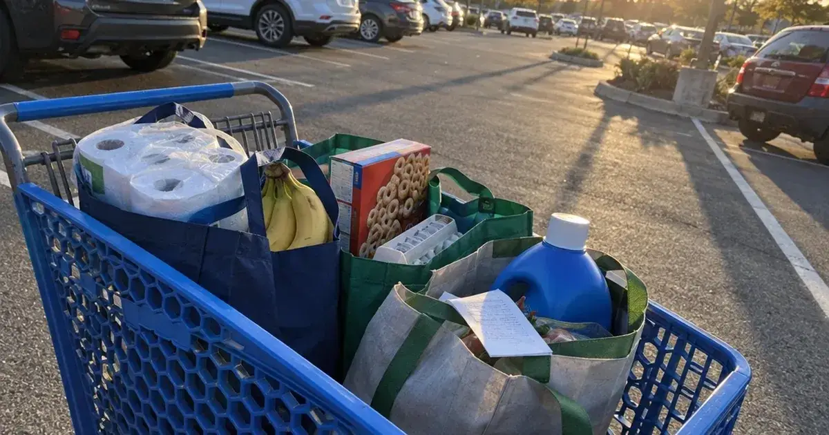 Shopping cart full of grocery bags and a paper receipt in a store parking lot