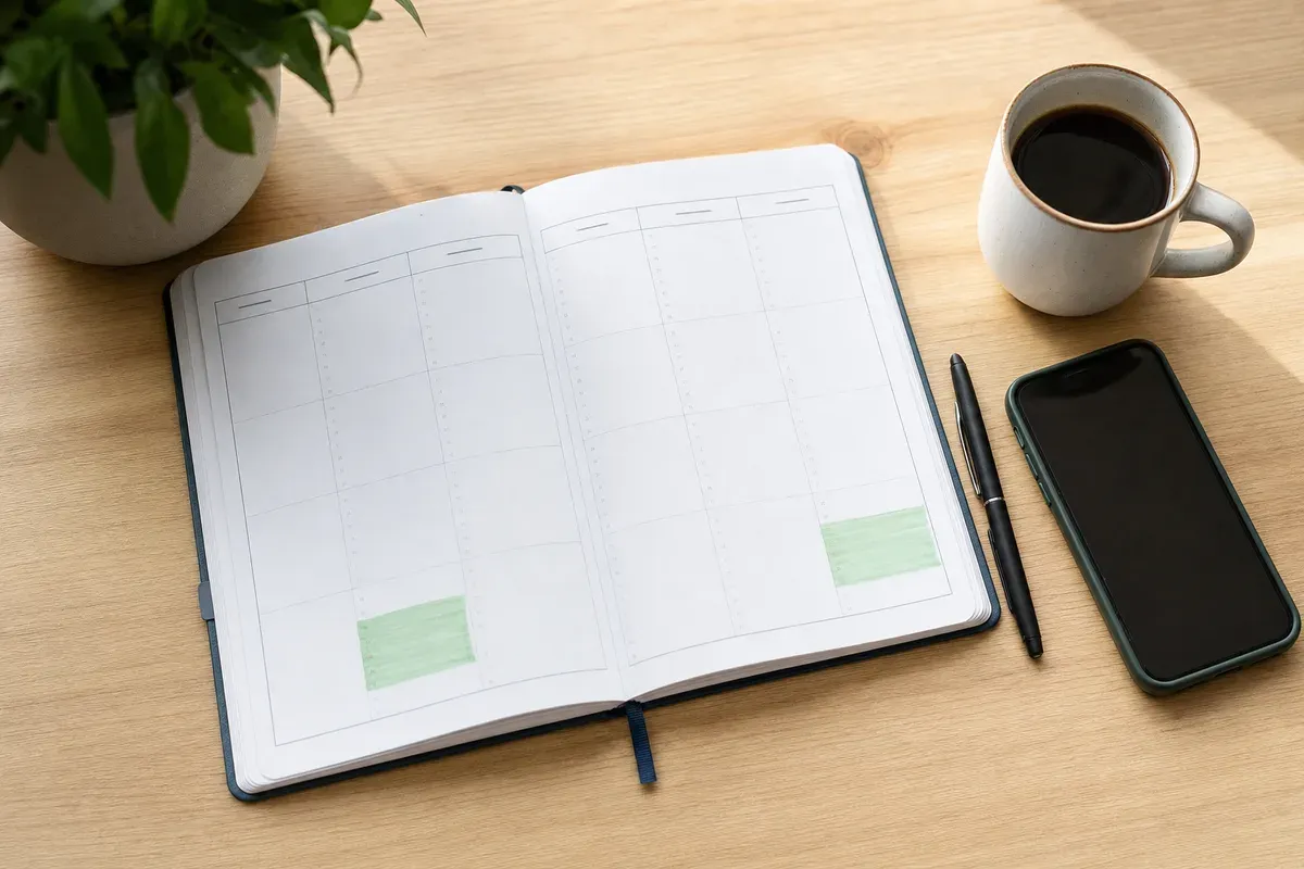 Open weekly planner with two time blocks highlighted in green, next to a phone, a pen and a cup of coffee