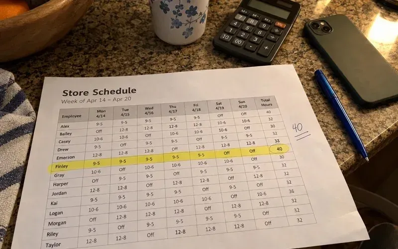 Printed weekly store schedule with one worker's hours highlighted and totaled