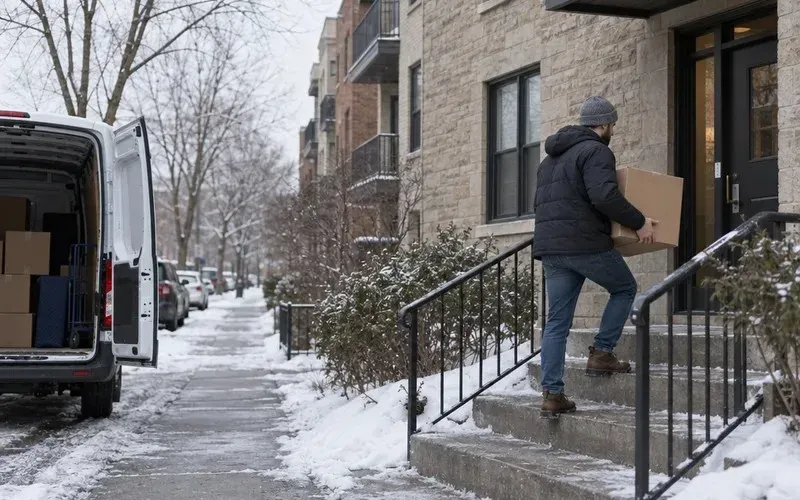 Person carrying a moving box into an apartment building on a winter day