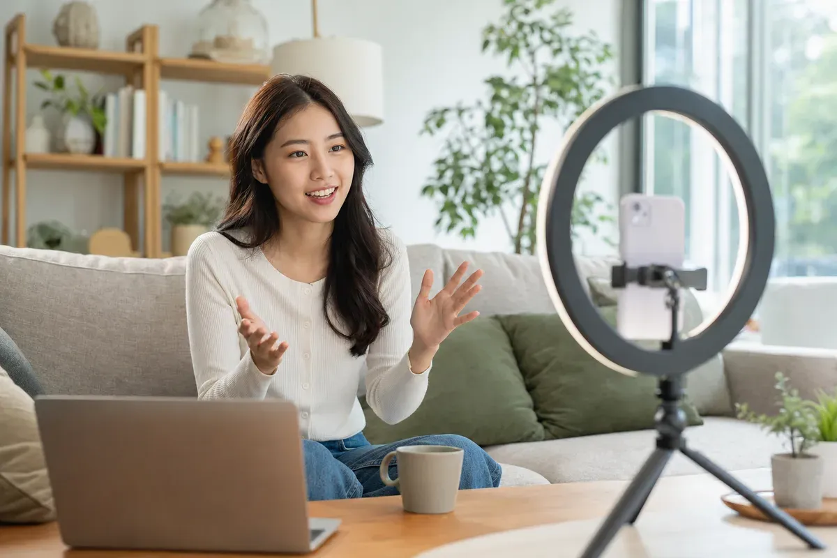 Woman recording a video on a phone mounted on a tripod with a ring light in a bright living room