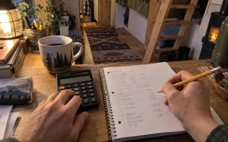 Hand with a pencil and calculator working out tiny house savings in a notebook