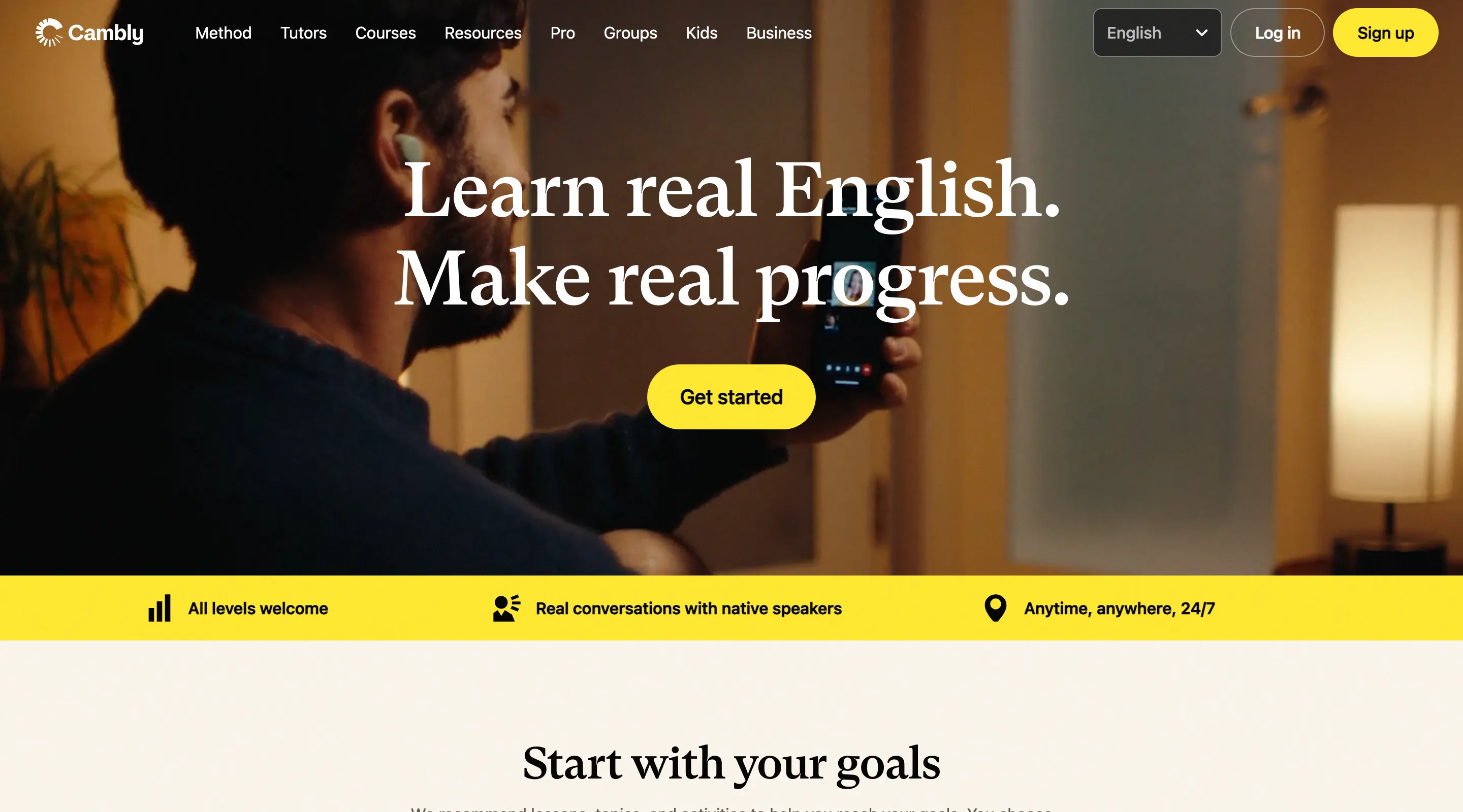 Cambly homepage hero section showing "Learn real English" messaging for international students