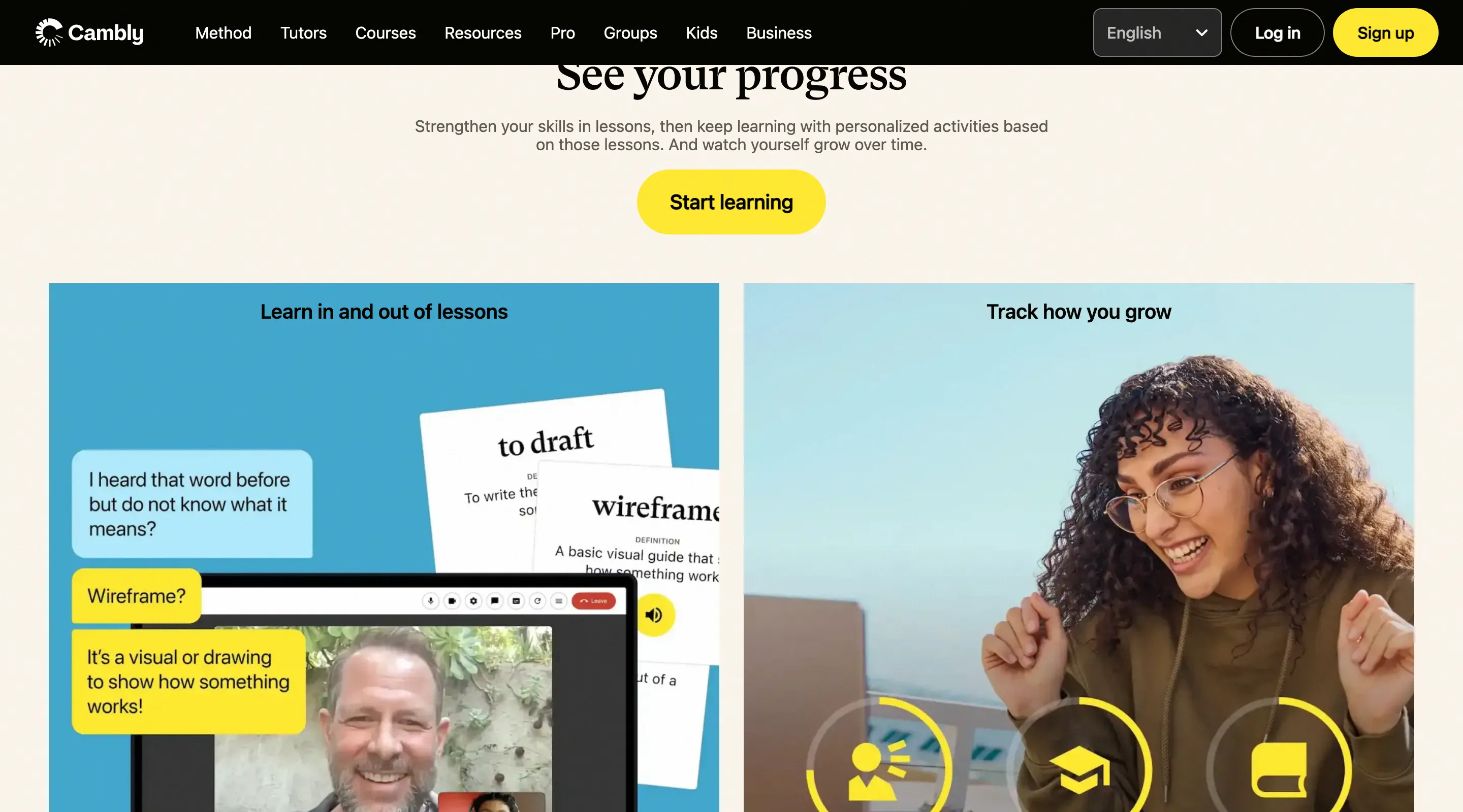 Cambly homepage testimonials section with social proof from students and tutors