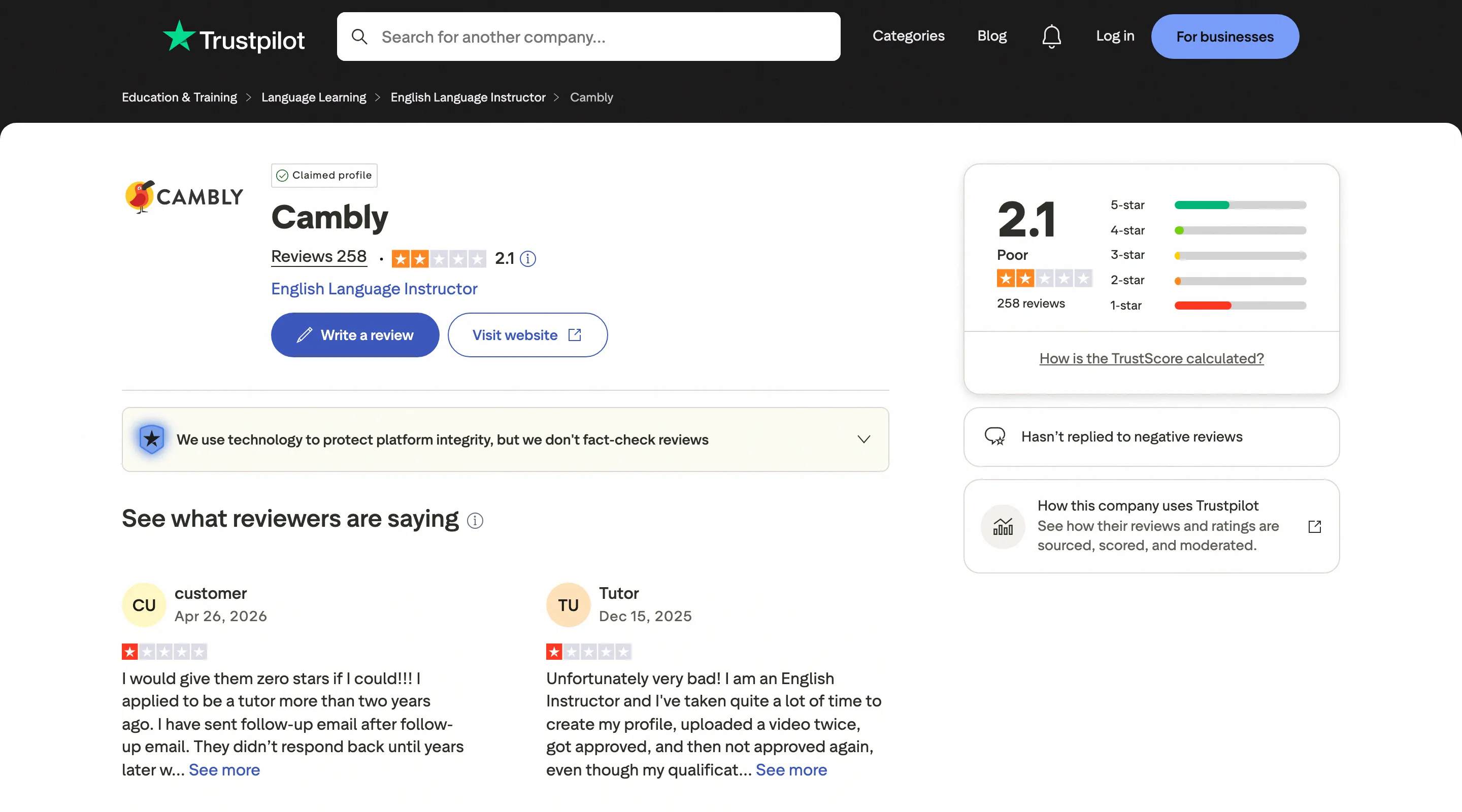 Cambly Trustpilot review page showing 2.1 out of 5 star rating with tutor and student reviews