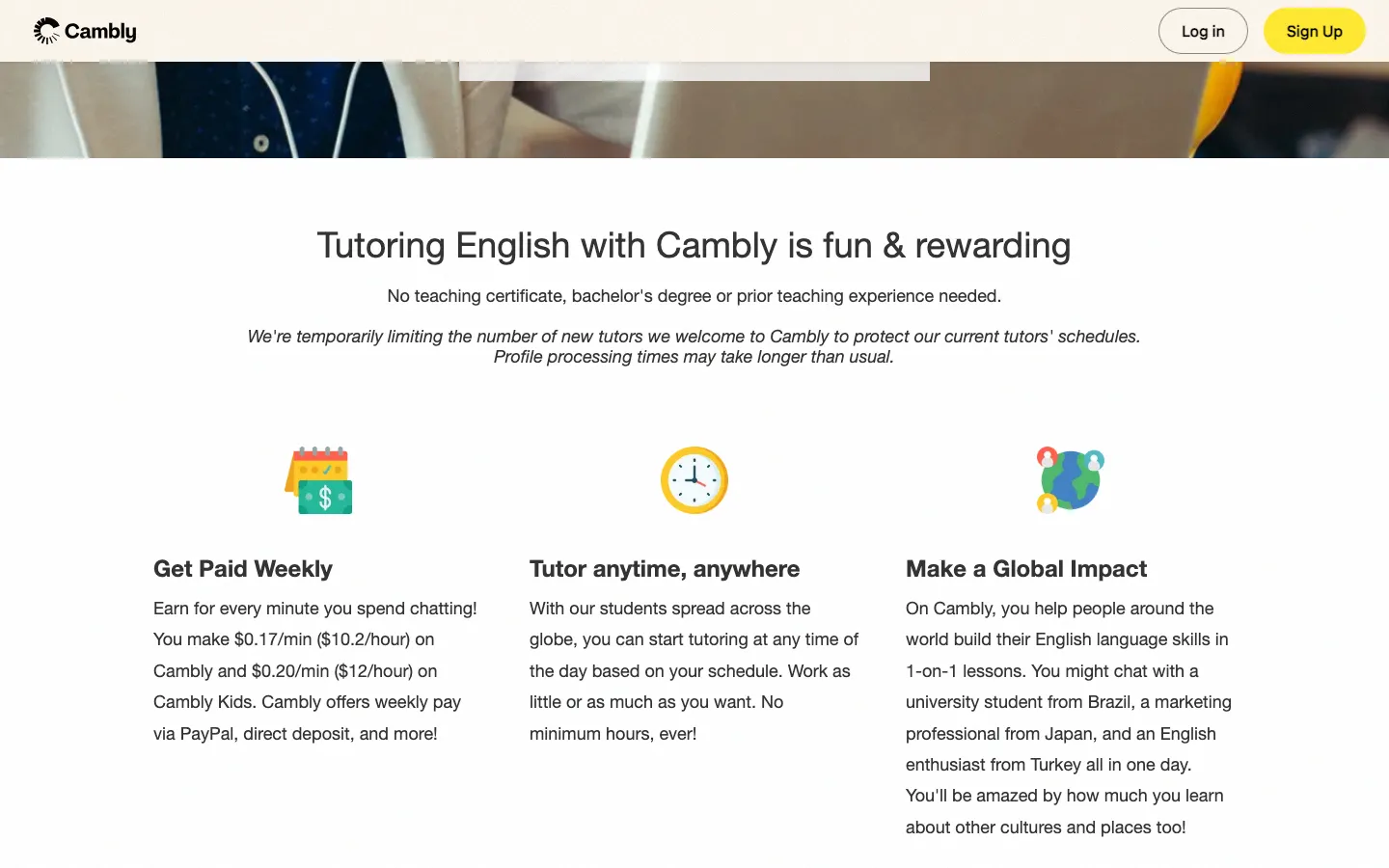 Cambly tutor signup page showing weekly pay, flexible scheduling, and global impact benefits with no degree required