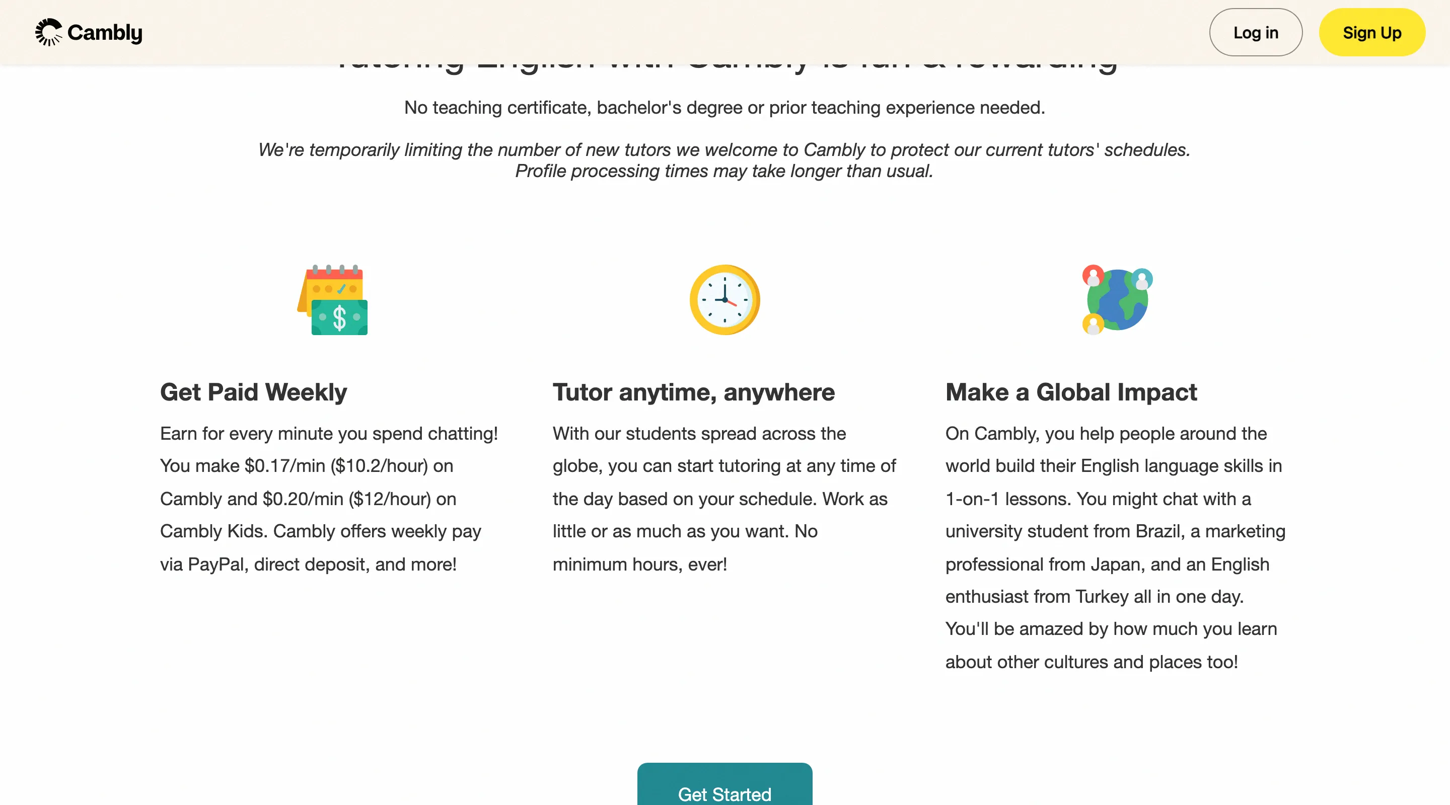 Cambly tutor page showing how it works, pay rates of $0.17 and $0.12 per minute, and benefits like Get Paid Weekly and Tutor Anytime