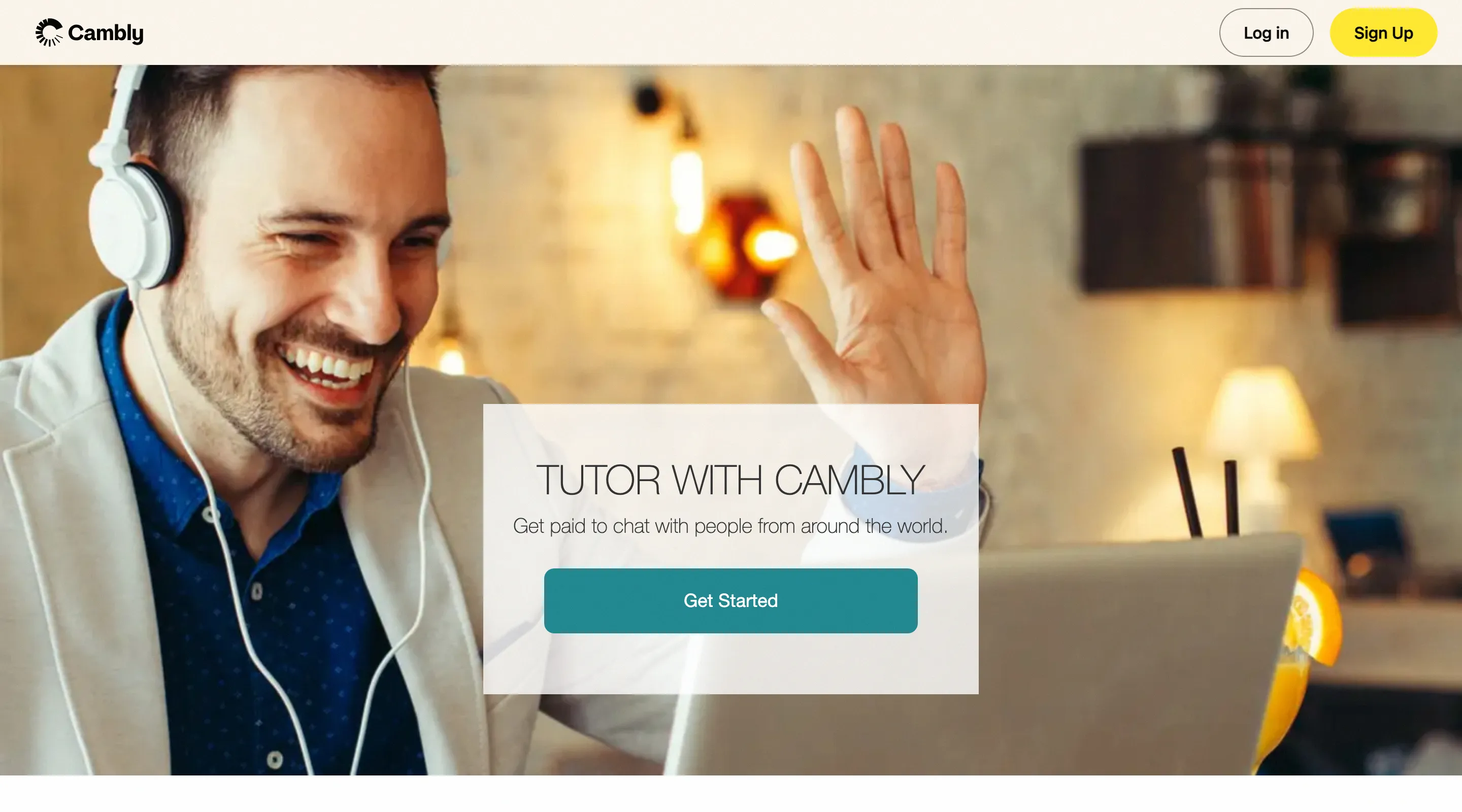 Cambly tutor signup page hero with "Tutor with Cambly" heading and tutor waving on webcam