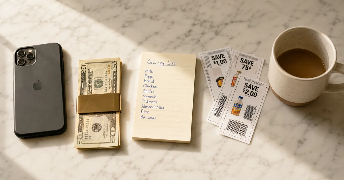 Money-saving essentials arranged on a clean countertop