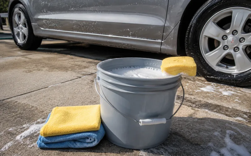 Car wash bucket and supplies in a driveway