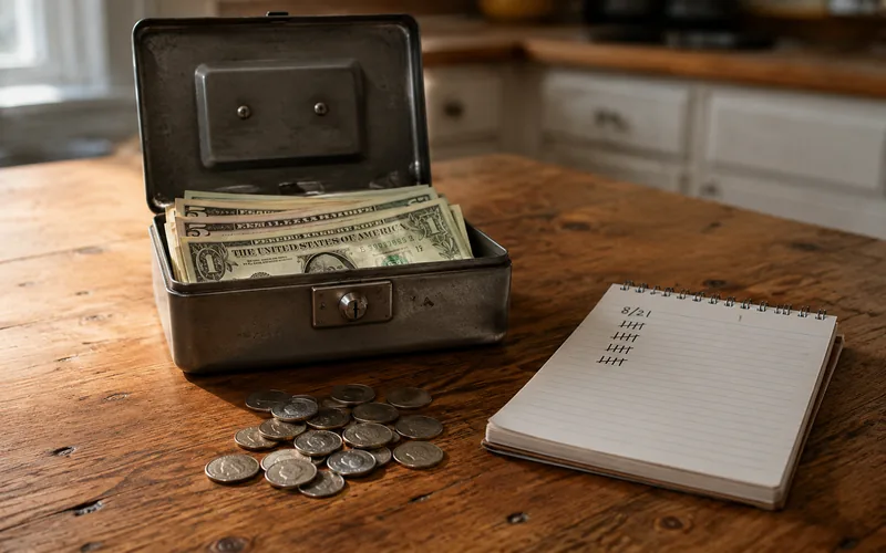 Cash box with earnings on a kitchen table