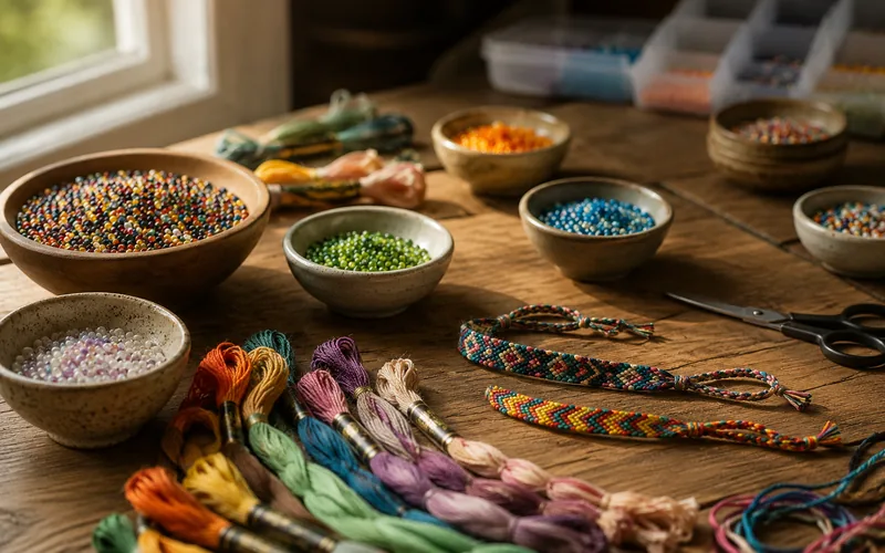 Craft table with beads and embroidery floss