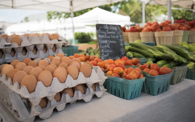 Farmers market table with eggs and produce