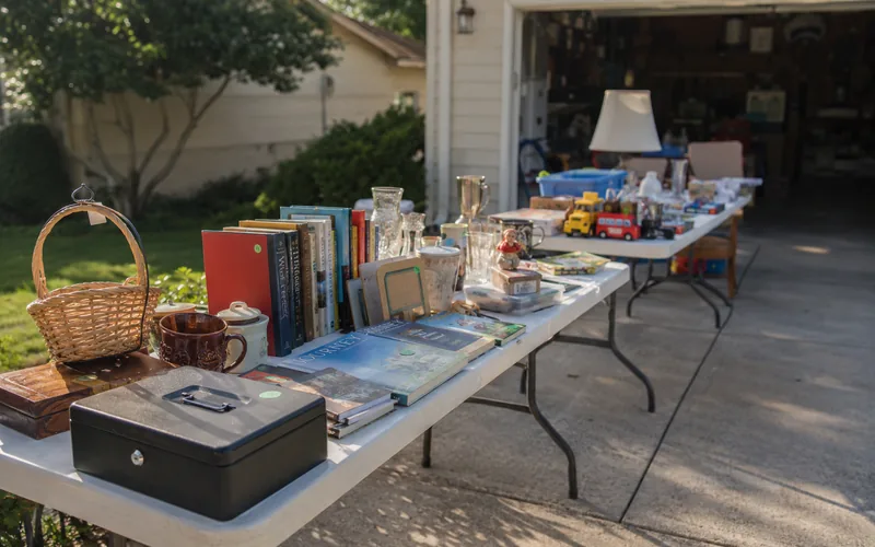Garage sale tables with priced items