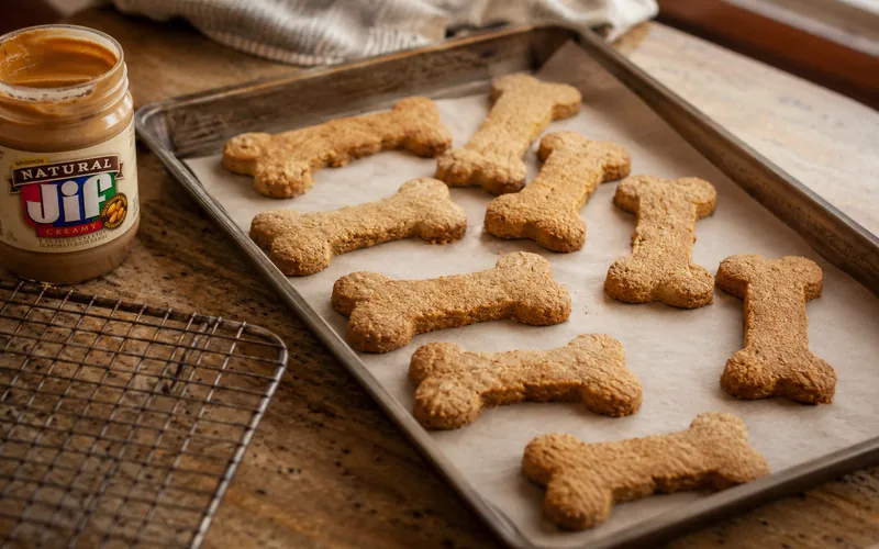Homemade dog treats cooling on a baking tray
