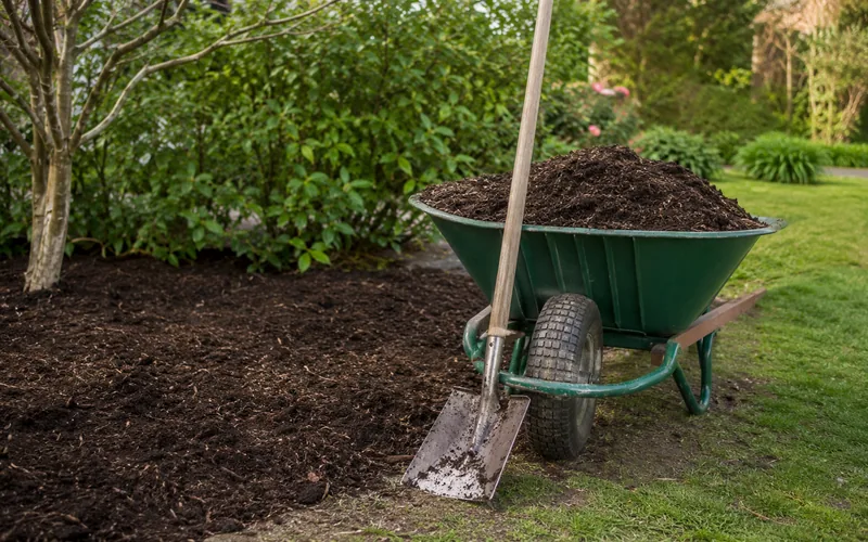 Wheelbarrow of mulch beside a garden bed