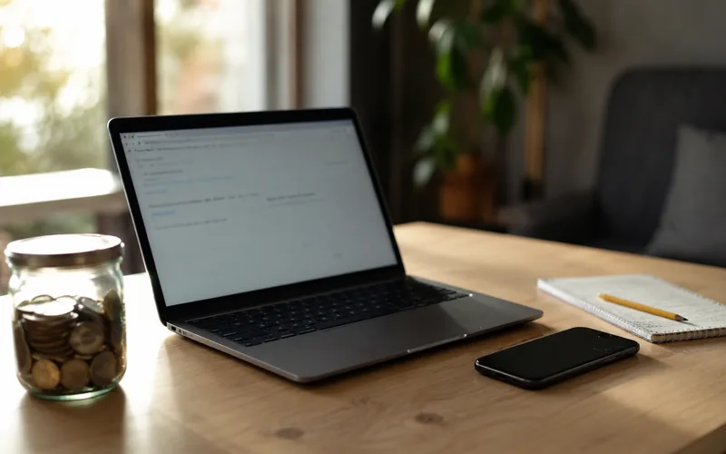Laptop and phone workspace with a savings jar