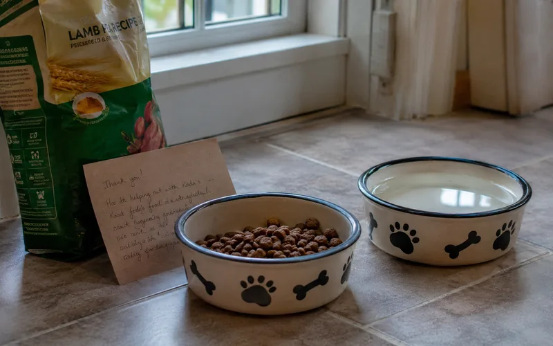 Pet sitting setup with bowls and instructions