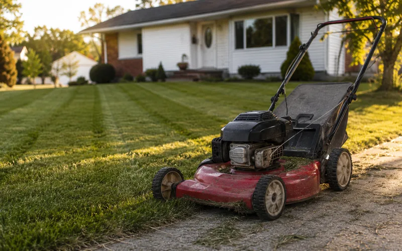 Push mower on a freshly cut suburban lawn