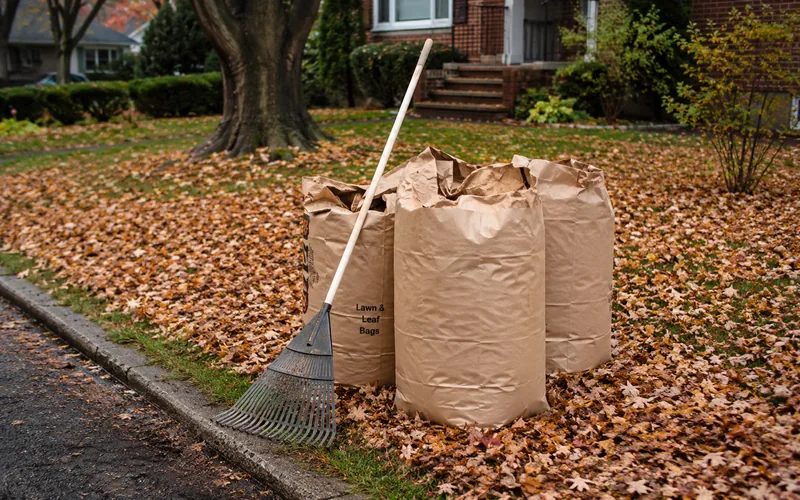 Rake and filled leaf bags in autumn
