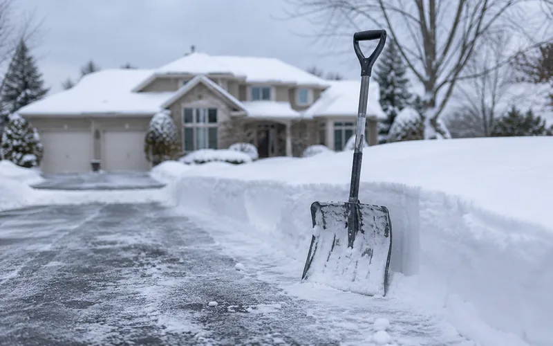 Snow shovel beside a cleared driveway