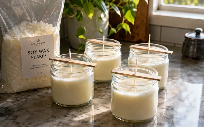 Poured soy candles cooling in jars