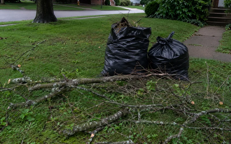 Storm debris and contractor bags on a lawn
