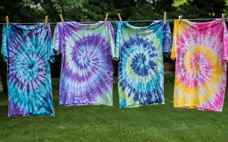 Tie-dye shirts drying on a clothesline