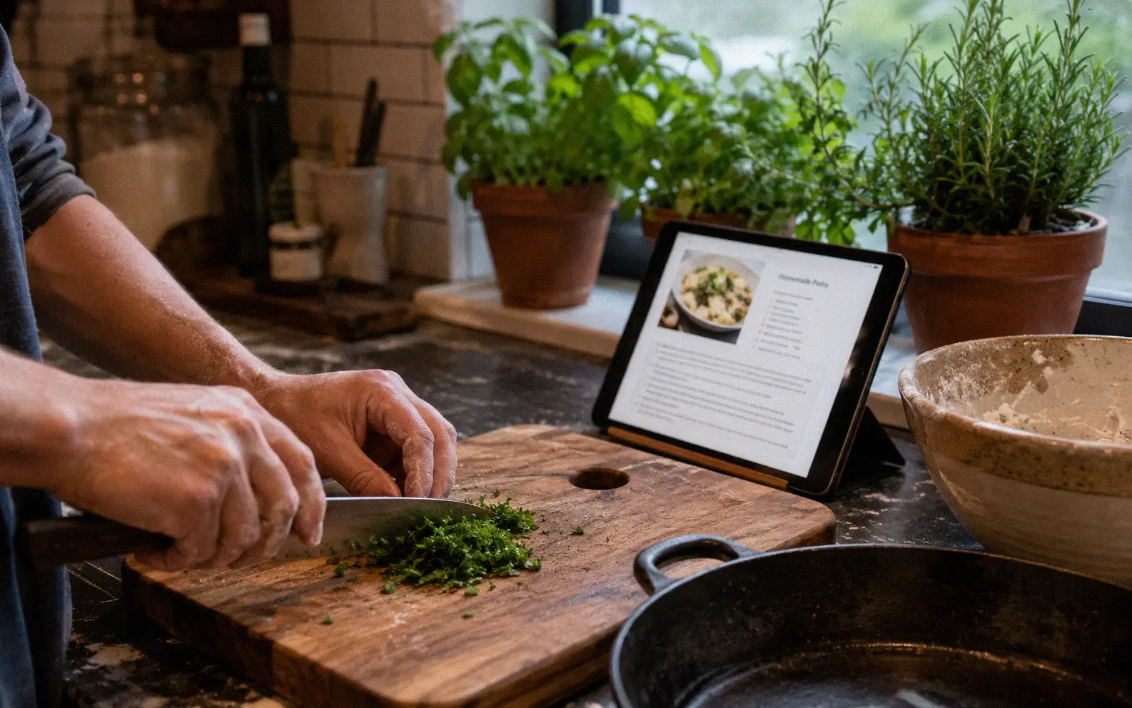 Hands chopping fresh herbs on a cutting board with a windowsill herb garden in the background