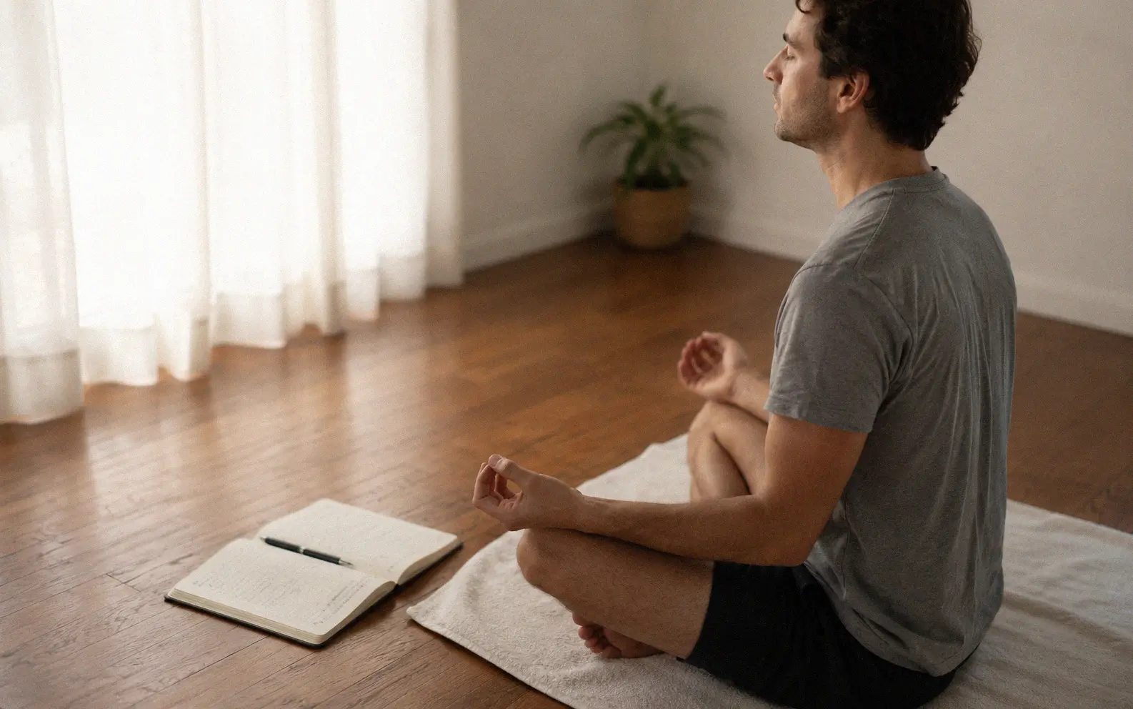 Person meditating cross-legged on a hardwood floor with an open journal beside them