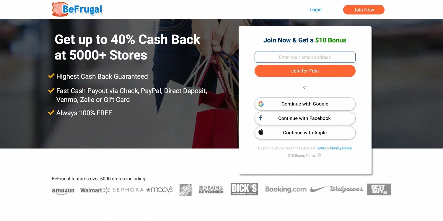 BeFrugal browser extension with up to 40% cash back and a $10 bonus