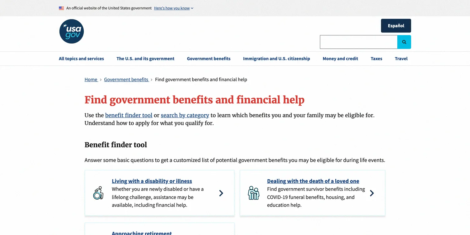 Benefits.gov screening tool for free government assistance programs