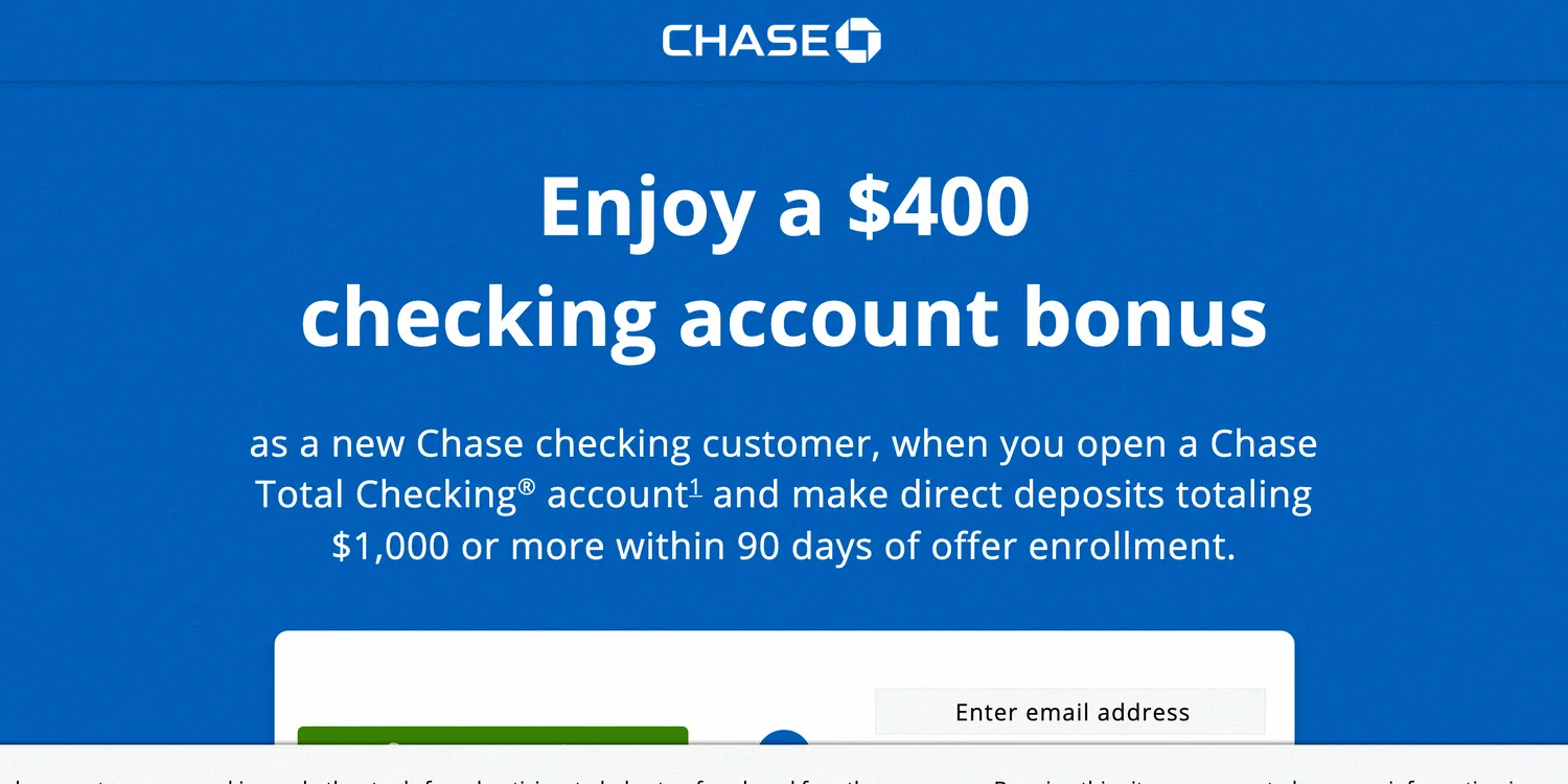 Chase $400 checking account bonus for new customers