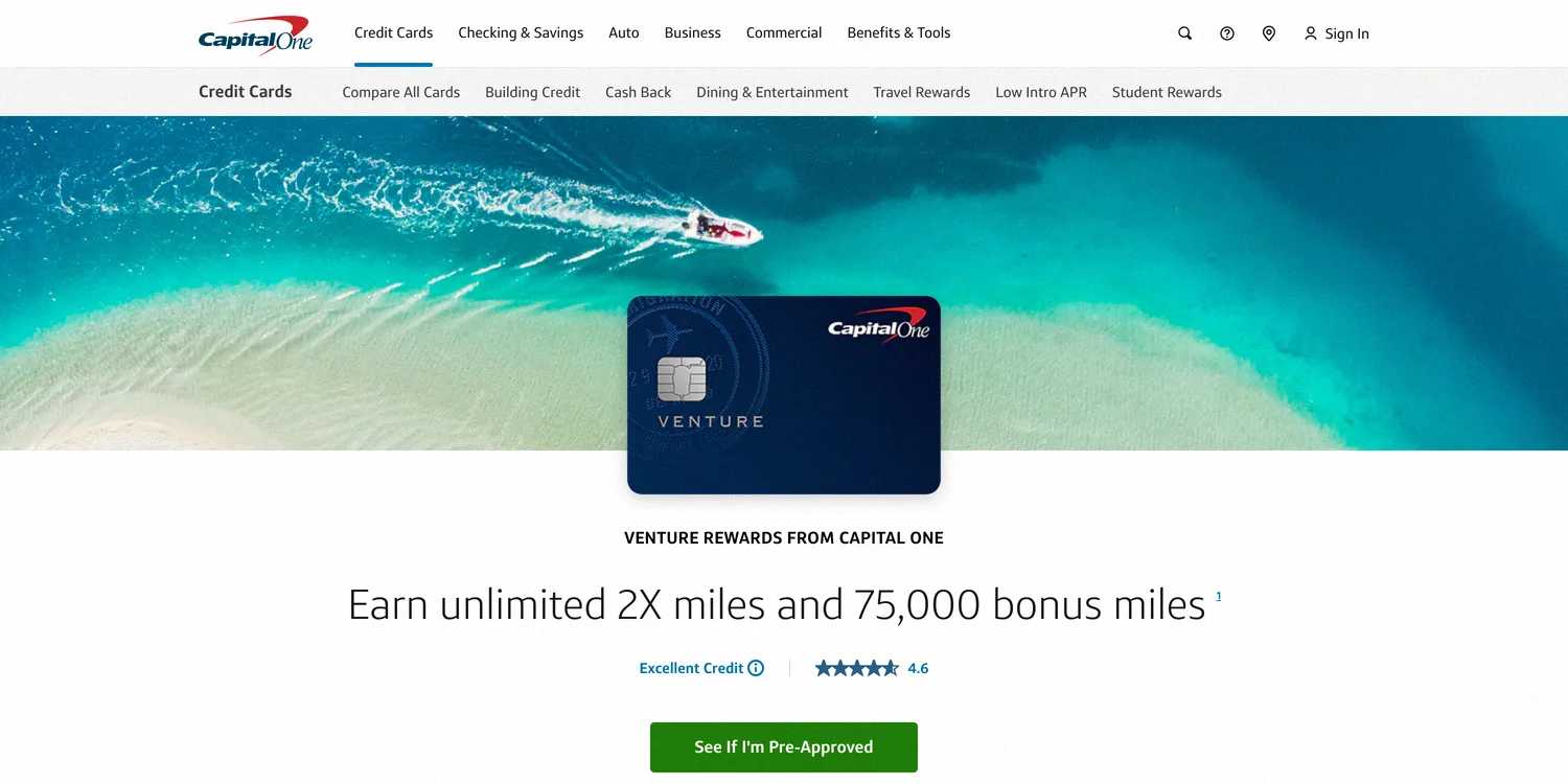 Capital One Venture credit card welcome bonus of 75,000 miles