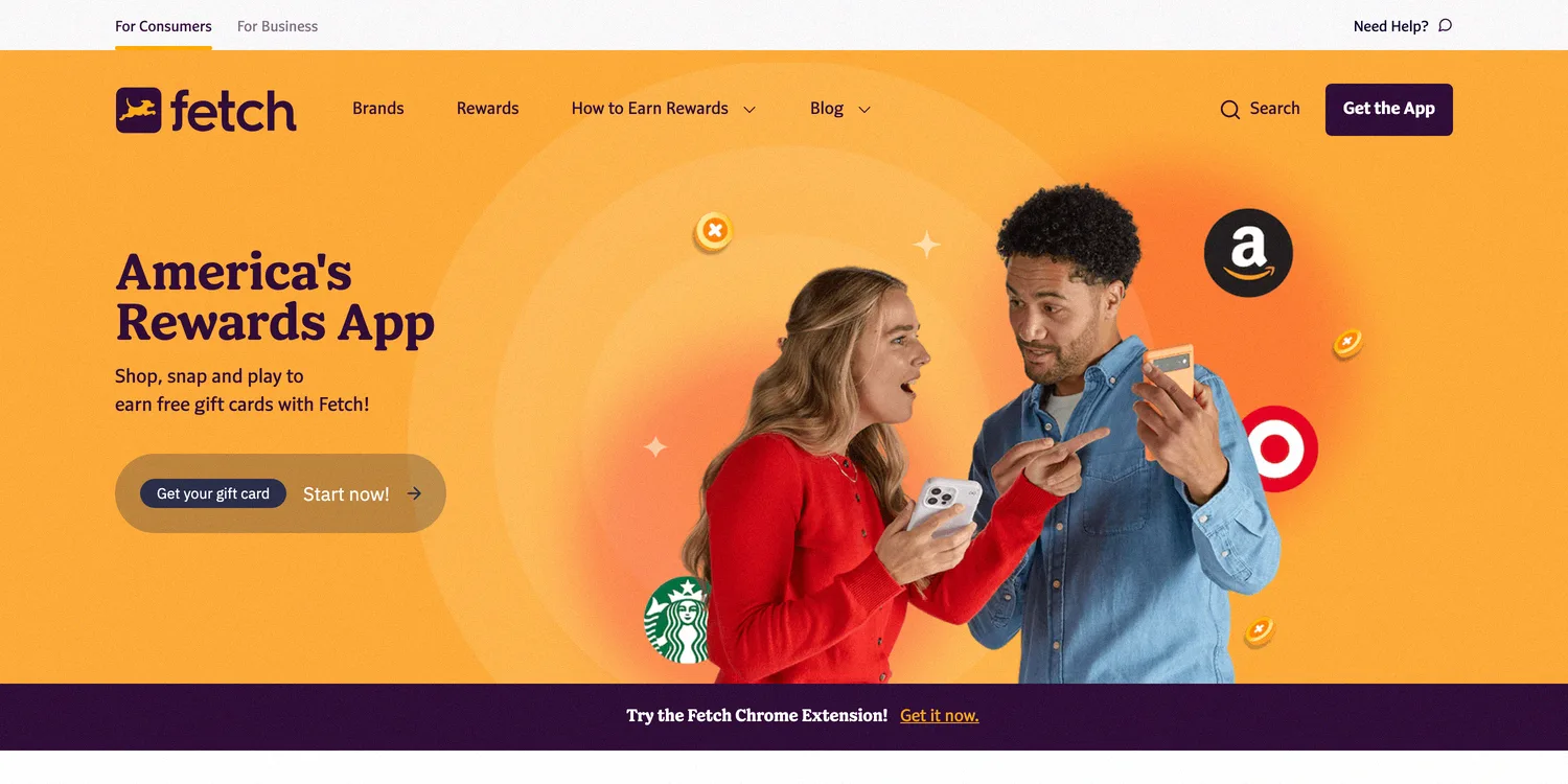 Fetch rewards app homepage where scanning receipts earns free gift cards