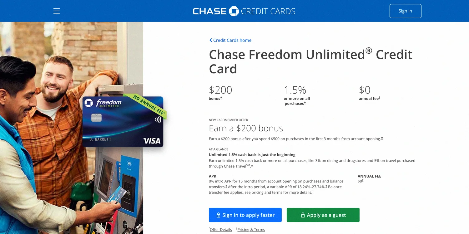 Chase Freedom Unlimited credit card page with a $200 new cardmember bonus