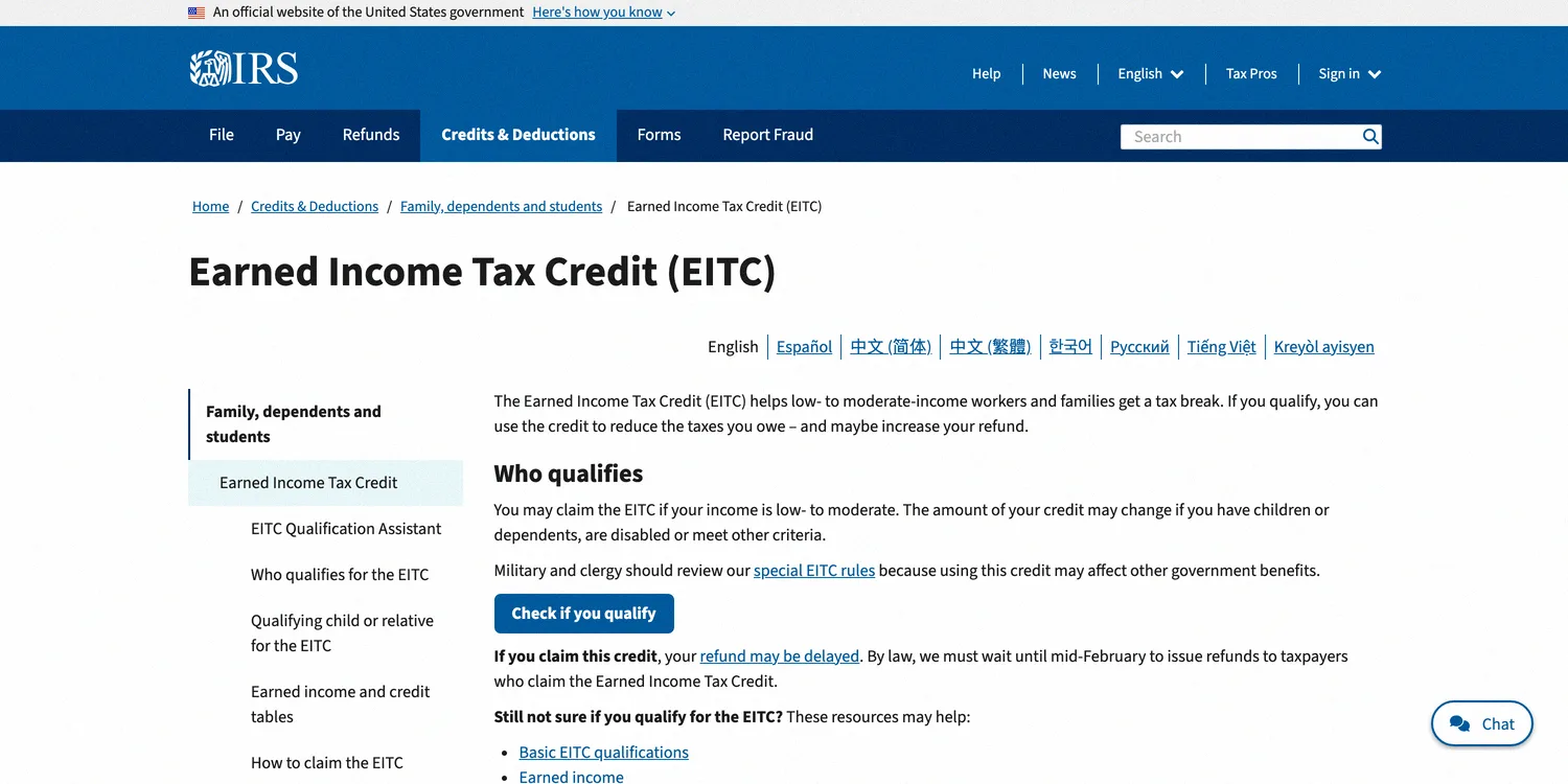 IRS Earned Income Tax Credit page, free government money worth thousands
