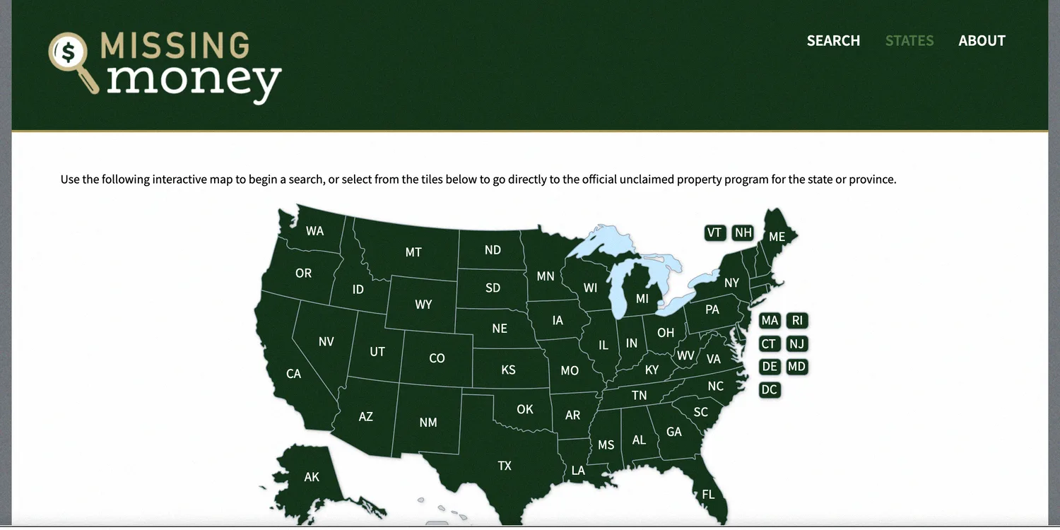 MissingMoney state directory map linking to every official unclaimed property program