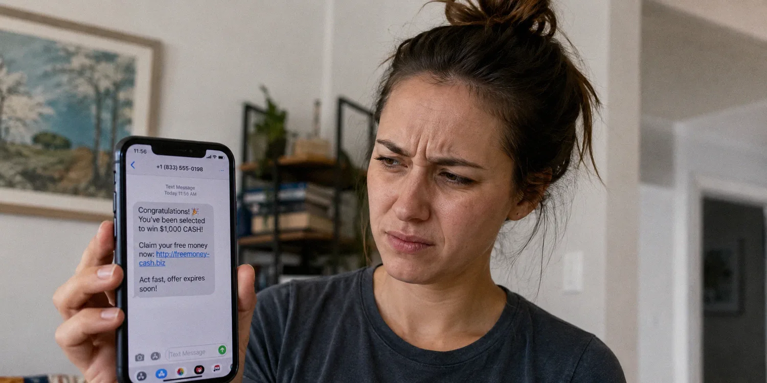 Person spotting a fake free money scam text message