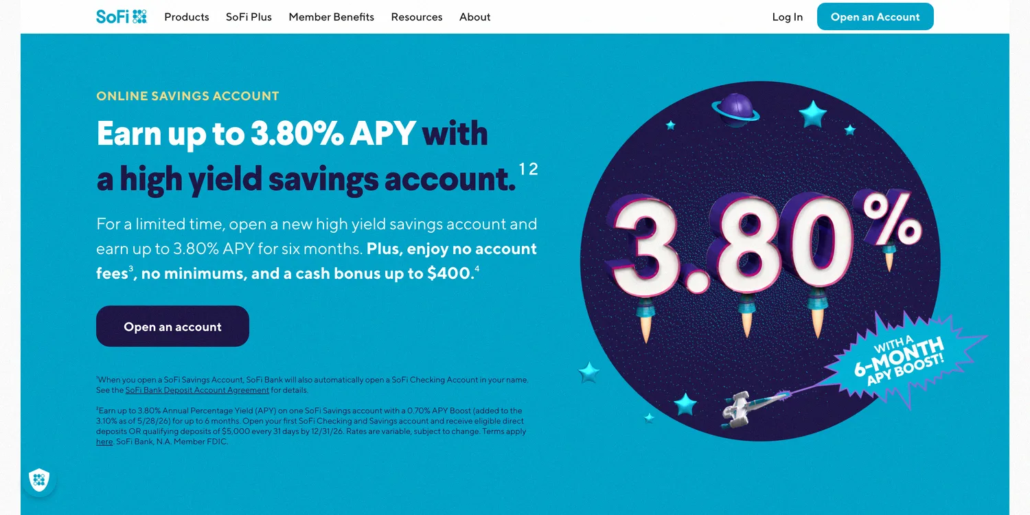 SoFi high-yield savings account with boosted APY, free money on idle cash