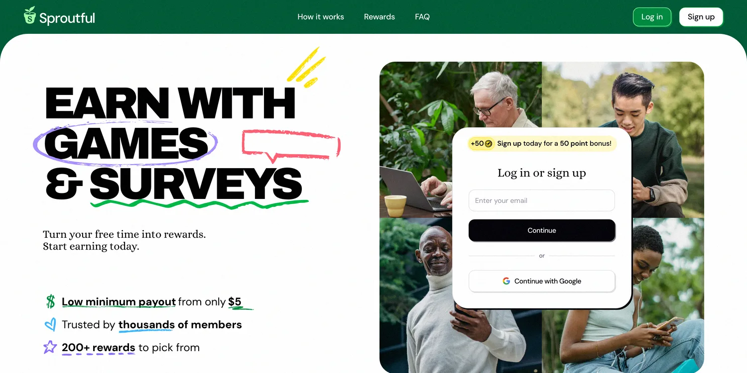 Sproutful survey site offering a 50 point sign-up bonus and $5 minimum cashout