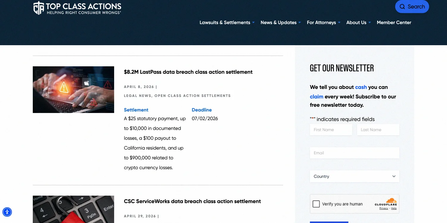 Top Class Actions $8.2M LastPass data breach settlement listing with payout details and claim deadline