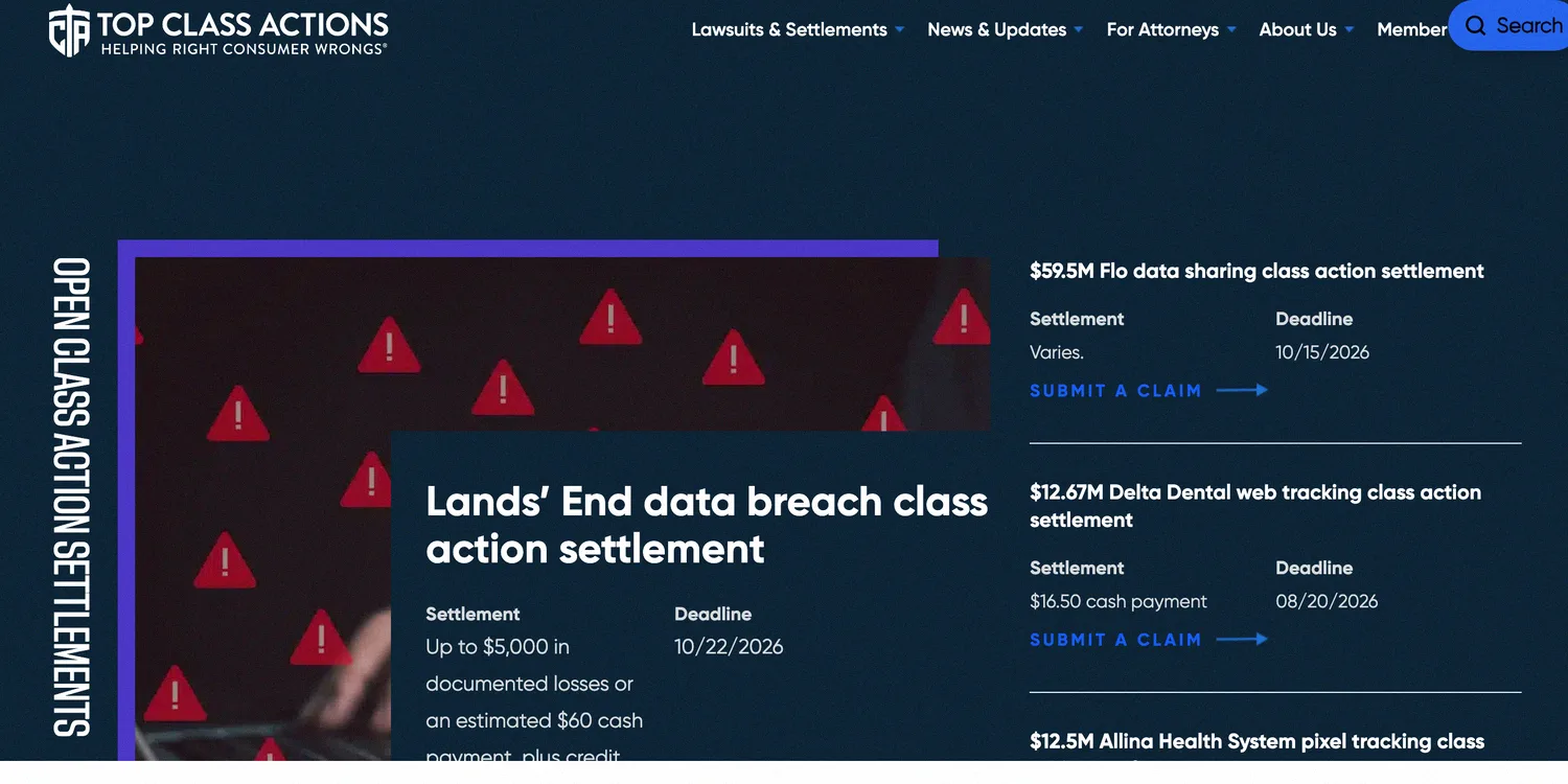 Top Class Actions settlement tracker listing open class-action payouts and deadlines