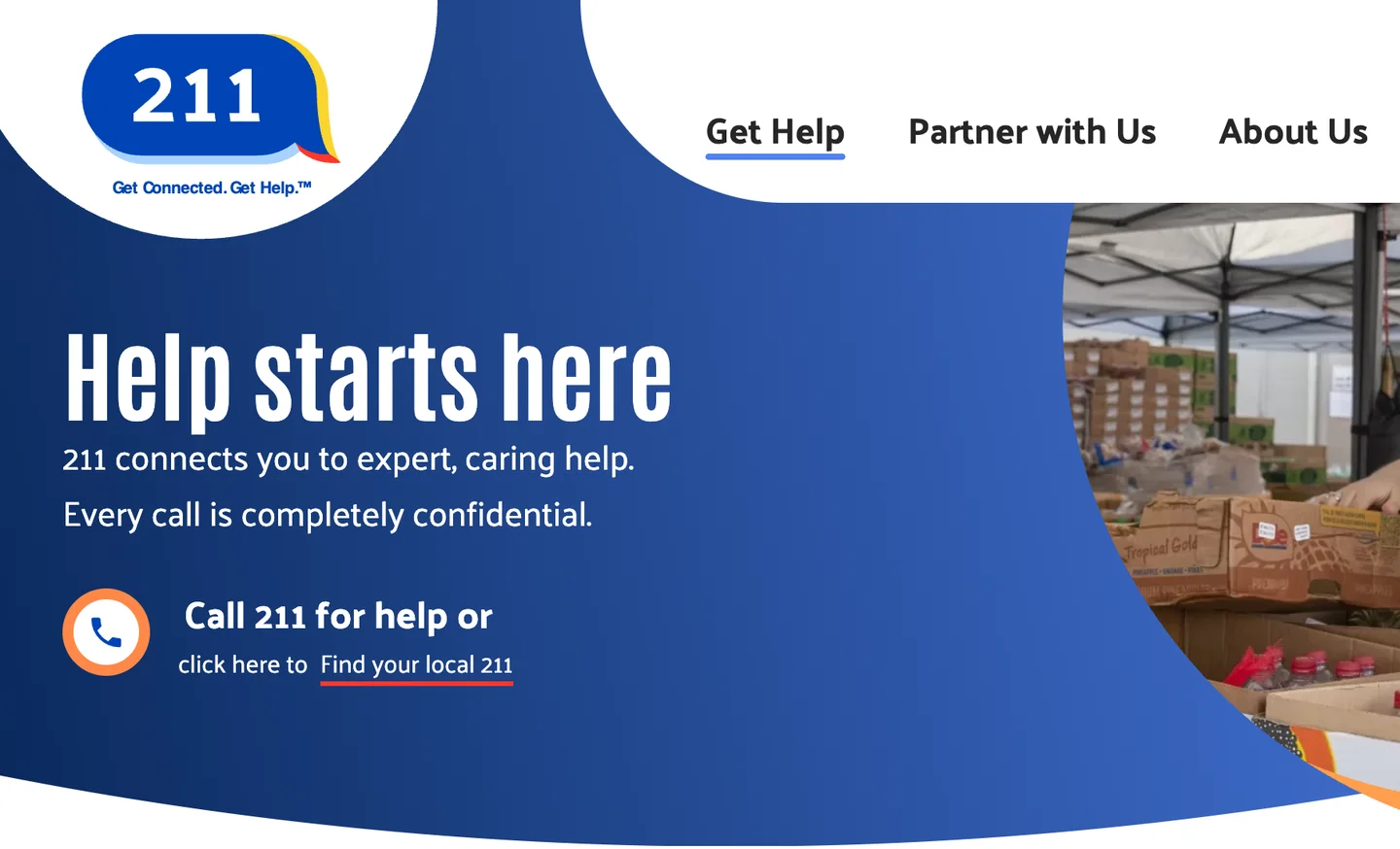 211.org homepage with the headline Help starts here and a button to call 211 or find your local 211