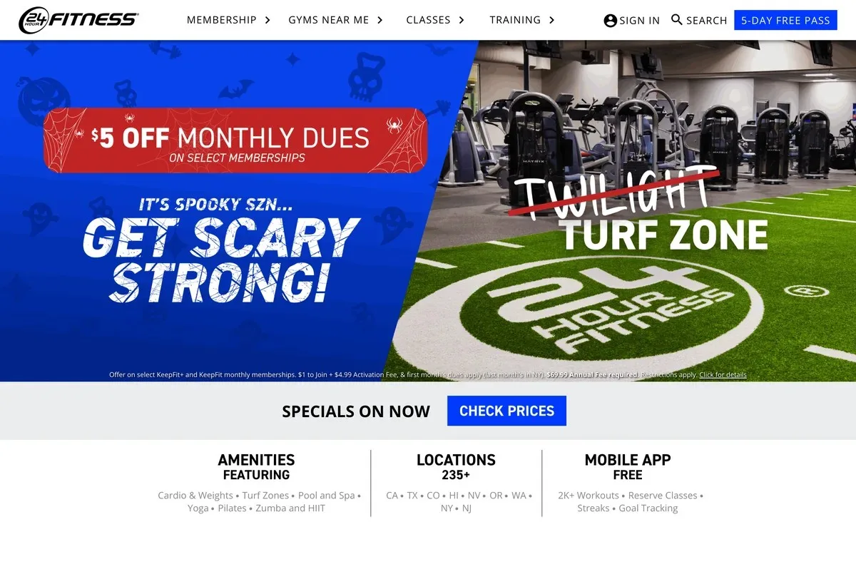 24 Hour Fitness homepage listing 235+ locations, pool and spa amenities and a 5-day free pass