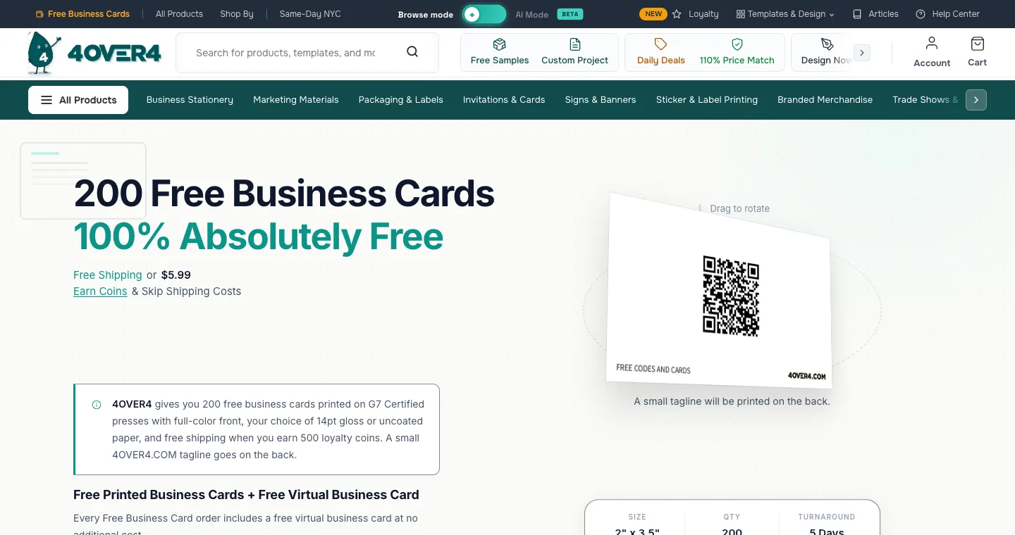 4OVER4 page offering 200 free business cards