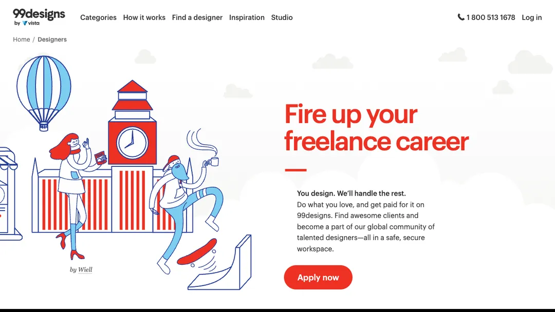 99designs designers page saying Fire up your freelance career, with an Apply now button