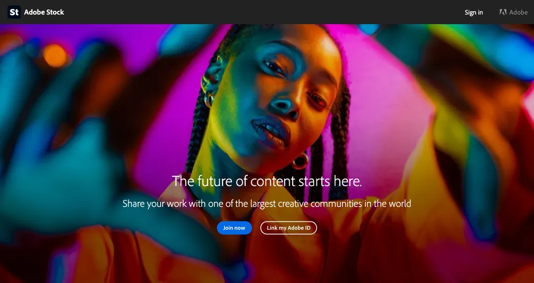 Adobe Stock contributor page with Join now and Link my Adobe ID buttons