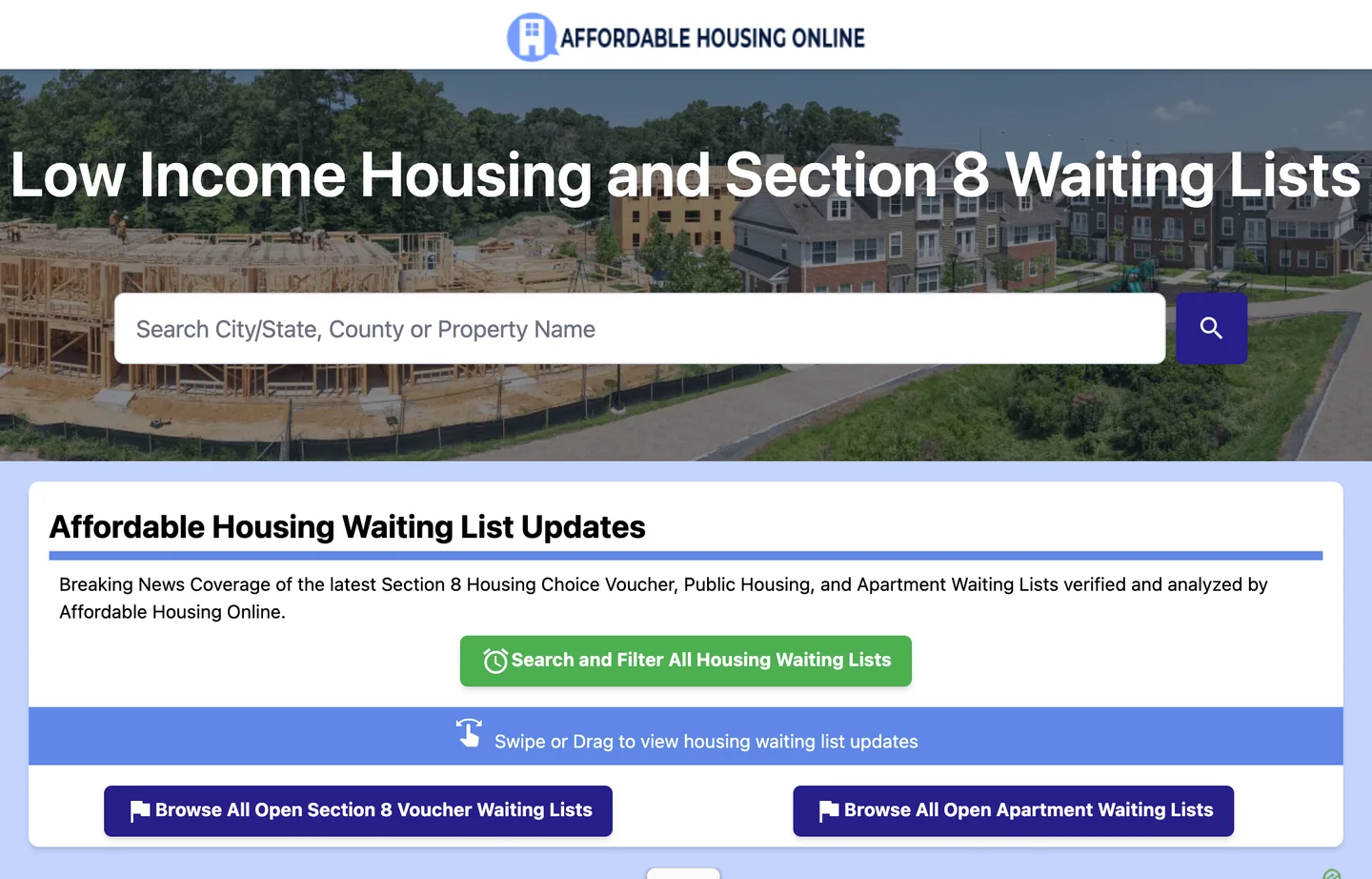 Affordable Housing Online homepage with a search box and links to open Section 8 and apartment waiting lists