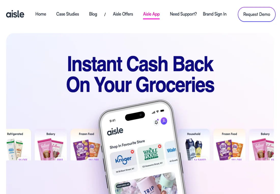 Aisle app page for instant cash back on groceries